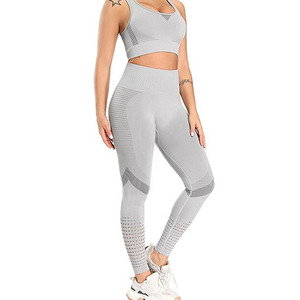 Women Yoga Set Solid Color Racerback <b>Crop</b> <b>Top</b> High Waist Full Length Leggings Seamless 2 Piece Set Breathable <b>Mesh</b> Design - Product Image 1