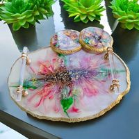 Ensemble de plateaux de service modernes en résine avec sous-verres, plateau de vanité à bord doré pour mariages, Ramadan et Diwali, design personnalisé