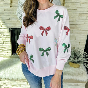 Trendy Sequin Bow Printed Polyester Anti-Wrinkle Sweatshirt Front Logo Cozy Soft Fall Winter Casual <b>Womens</b> <b>Top</b> - Product Image 4