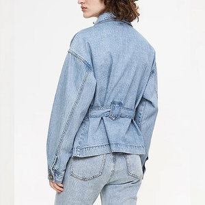 <b>Women's</b> Light Blue Denim Safari Jacket Full Sleeve Turn-down Collar Washed Cotton Utility Style <b>Belt</b> Closure Autumn Wear - Product Image 3