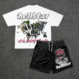 Ensemble deux pièces respirant en soie noire imprimée sérigraphiée pour l'automne |   T-shirt et short délavés par le soleil |   Strass en gros à prix avantageux - Product Image 5