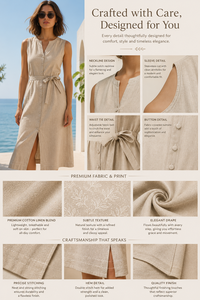 Robe midi sans manches en coton beige |   Robes d'été à boutons devant, coupe trapèze, avec ceinture |   Robe à col en V mandarin avec poches - Product Image 5