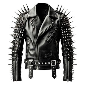 Men's Casual Punk Cowhide <b>Leather</b> Motorcycle <b>Jacket</b> Spikes Rivets Zipper O-Neck Collar Plus Size <b>Winter</b> Waterproof Windproof - Product Image 3