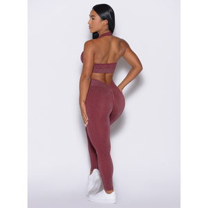 Ensemble 2 pièces de leggings froncés taille haute et soutien-gorge pour femme, couleur unie, effet délavé, pour entraînement et yoga, prix usine personnalisé, OEM Plum - Product Image 2