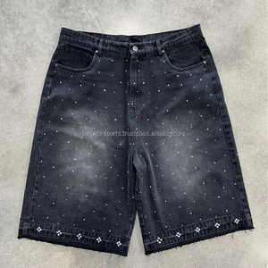 Shorts en jean vintage personnalisables pour hommes, délavés, ornés de strass, coupe ample, style streetwear, taille mi-haute, respirants, tricotés, service OEM - Product Image 1