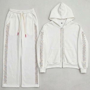 Conjunto de chándal de algodón grueso con cremallera y pedrería personalizada del fabricante, sudadera con capucha y pantalón jogger con cristales, ropa de calle. - Product Image 6