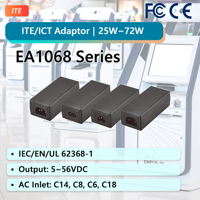 EDAC POWER 60W AC DC Desktop Power Adapter 18~24V 3.15A Max EA1068XP Series CoC Tier2 Efficiency Black LPS Compliance ITE Use