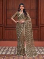 Sari de mariage indien traditionnel et ethnique Leranath, design fantaisie, en tissu résille lourd, broderie et sequins, tendance pour femme