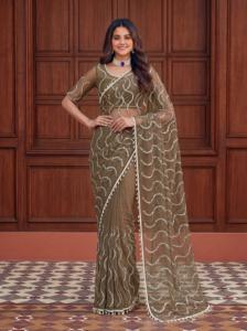 Sari indien traditionnel ethnique de créateur pour mariage, avec broderie en résille lourde et travail de sequins, pour femme, coupe tendance - Product Image 5