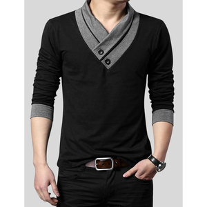 Camiseta de Manga Larga para Hombre, Elegante, con Cuello Chal, Botones Decorativos y Corte Ajustado - Product Image 1