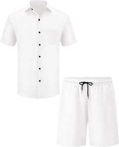 Conjunto de Camisa Blanca de Manga Corta y Pantalones Cortos para Hombre, Estilo Casual de Verano, Transpirable, de Dos Piezas, Color Sólido, Tejido de Algodón - Product Image 1
