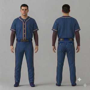 Ensemble uniforme de baseball pour homme, maillot rayé bleu, pantalon, fermeture à boutons, ceinture, coupe classique, vêtements toutes saisons - Product Image 1