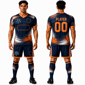 เสื้อฟุตบอลพรีเมียมคุณภาพสูงรุ่นใหม่ล่าสุด ผลิตจากโพลีเอสเตอร์ 100% กางเกงขาสั้น สามารถปรับแต่งสีและโลโก้ได้ ออกแบบมาเพื่อความสบาย ทนทานสูง - Product Image 1