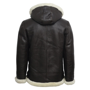 Low Price <b>Men</b> Aviator Flying Genuine Shearling Sheepskin Leather Bomber Hooded <b>Jacket</b> Brown <b>White</b> Sherpa Inner - Product Image 3