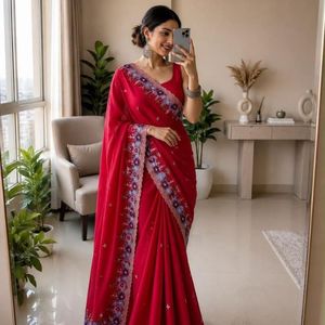 Sari en soie douce de qualité supérieure avec broderie multicolore et bordure brodée design par Royal Export - Product Image 1