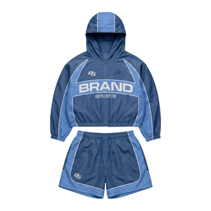 Premium 120 GSM Lightweight Nylon Women Windbreaker Short Set <b>White</b> Blue Breathable Hooded Design Custom Print Logo Activewear - Product Image 4