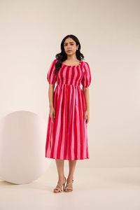 Robe midi en coton rayée rose, col carré, manches bouffantes, coupe trapèze, tenue décontractée d'été, tissu tissé respirant - Product Image 5