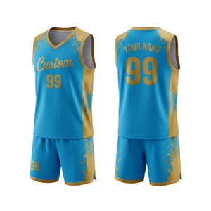 Maillot de basket-ball personnalisé bleu ciel et or, sublimé, respirant, col en V, vêtements de sport, maillot d'entraînement pour homme, taille adulte. - Product Image 1