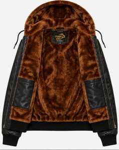 ChampKing Men's Black Leather <b>Jacket</b> With Faux <b>Fur</b> <b>Hood</b> Zipper Closure - Product Image 5
