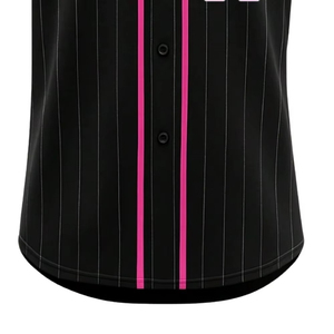 Maillot de baseball noir à fines rayures avec passepoil rose, entièrement boutonné, respirant, séchage rapide, en maille polyester, personnalisable avec nom, numéro et logo - Product Image 6