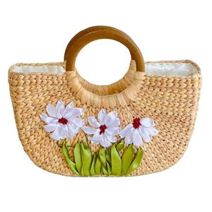 Handmade Natural Rattan <b>Clutch</b> <b>Bag</b> Mini Bucket <b>Bag</b> Canvas Cotton Lining Zipper Closure Letter Water Hyacinth Beach <b>Bag</b> - Product Image 5