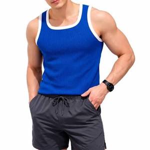 <b>Men's</b> Casual Solid Color Cotton Knitted Breathable <b>Tank</b> <b>Top</b> <b>White</b> Trim Scoop Neck Sleeveless Gym Muscle Vest for Body Building - Product Image 2