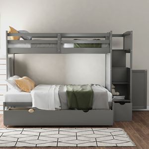 Lit superposé convertible gris avec étagères de rangement et tiroirs, lit superposé pour enfants avec lit double/grand lit - Product Image 2