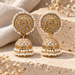 Pendientes Jhumka Redondos Chapados en Oro Estilo Kundan con Perlas de Imitación, Joyería Tradicional Pakistaní para Bodas, Venta al por Mayor de Fábrica - Product Image 2