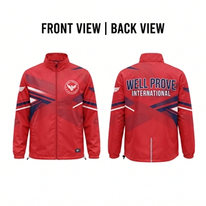 <b>Mens</b> Premium 100% Nylon Waterproof <b>Fleece</b> Lined Winter Windbreaker Jacket <b>Red</b> Navy White Cut Sew Panels Digital Printing Custom - Product Image 1