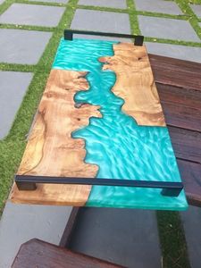 Bandeja de resina con diseño artístico de océano para comedor, bandeja de resina epoxi estilo río con centro de madera para servir - Product Image 1