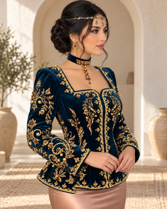 Deep Teal Velvet Elegant Moroccan Kaftan Pearl Details Copper Satin <b>Skirt</b> V Neck Flared Hem for Muslim Women Party Occasions - Product Image 5