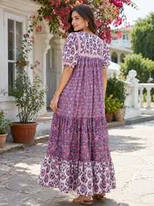Robe longue décontractée 100 % coton imprimée numériquement, style bohème, coupe trapèze, manches courtes, col en V, à franges, taille naturelle, idéale pour les fêtes de printemps - Product Image 2