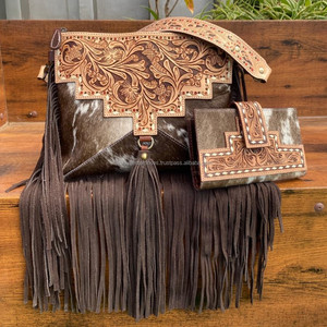 2025 cuir repoussé à la main frange peau de vache sac à bandoulière et cuir repoussé à la main RFID blocage portefeuille à la mode pochette femmes ensembles - Product Image 4