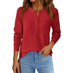 Camisetas Básicas Personalizadas para Mujer, Otoño Invierno 2025, Manga Larga, Tejido Waffle, Cuello en V con Botones, Estilo Casual y Holgado - Product Image 3
