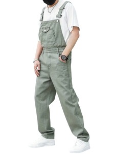 Salopette en jean vert pour homme, couleur unie, taille haute, coupe ample, style décontracté, pantalon en coton pour le printemps - Product Image 2