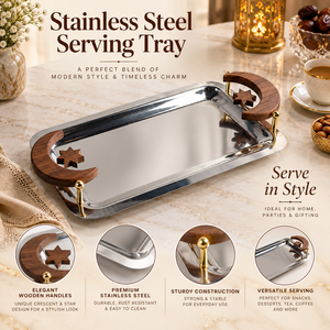Bandeja de Servir de Acero Inoxidable de Lujo con Asas de Madera en Forma de Estrella y Luna Creciente |   Plato Rectangular para Aperitivos, Postres, Té y Decoración del Hogar - Product Image 5