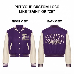 Women Croptop Varsity <b>Jacket</b> Premium 350 GSM Wool Blend Purple Body <b>Cream</b> Sleeves Custom Embroidered Logo Custom - Product Image 1