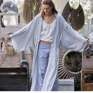 Kimono en lin gris pour femme, robe longue en lin, cardigan bohème, kimono d'inspiration japonaise, tunique ceinturée, kimono cardigan grande taille - Product Image 3