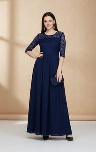 Robe longue en tissu Georgette bleu foncé de qualité supérieure pour femmes, col rond, manches 3/4, qualité export en gros - Product Image 3