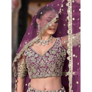 Purple Embroidered <b>Net</b> Lehenga Choli for Women Engagement Wear - Product Image 3