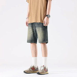 Shorts Bermuda en jean délavé taille haute pour homme, style décontracté, fermeture boutonnée, 100 % coton, tissu toile respirant, Econex Sports - Product Image 1