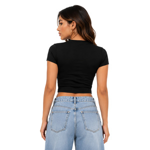 Nouveau T-shirt femme brodé en relief, couleur unie, coupe ajustée, crop top léger en coton personnalisé, toutes saisons, streetwear - Product Image 2