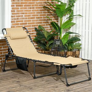 Sdraio Pieghevole Beige con Schienale Reclinabile e Foro per la Lettura, Sedia da Piscina in Rattan e Ferro con Tasca Laterale - Product Image 2