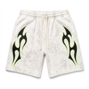Ensemble de survêtement blanc à capuche pour homme avec imprimé flamme noir et vert, manches longues, short et sweat-shirt streetwear, tenue d'été - Product Image 5