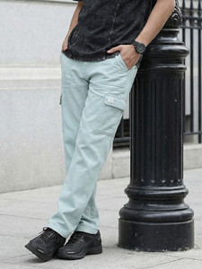 Pantalon cargo en toile bleu clair pour homme, taille élastique, plusieurs poches, pantalon décontracté pour l'été, coupe droite, respirant, poids moyen - Product Image 3