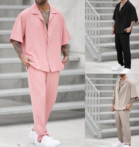 Ensemble de costume décontracté rose pour homme, chemise à manches courtes à col rabattu et pantalon, tenue d'été - Product Image 5