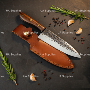 Couteau de chef japonais moderne à l'aspect rustique, forgé à la main, manche en bois de rose antidérapant, ambidextre, respectueux de l'environnement, couteaux de cuisine OEM - Product Image 2