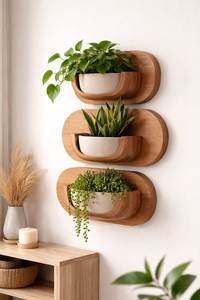 Étagère murale ronde à un seul niveau en bois pour plantes suspendues, finition brillante rustique moderne, décorative pour l'intérieur et l'extérieur - Product Image 3