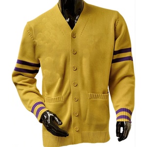 University Custom <b>Men</b> <b>Knitted</b> <b>Cardigan</b> Sweater Purple Yellow Varsity V-Neck OEM Striped Sleeve <b>Mens</b> college style <b>cardigans</b> - Product Image 6