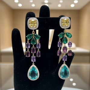 Boucles d'oreilles pendantes multicolores en pierres, 15 g, argent 925 plaqué or 18 carats, bijoux de mariage, boucles d'oreilles longues, cadeau pour elle - Product Image 5